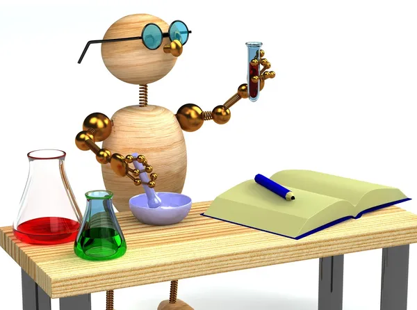 3D dřevěné muž jako chemik drží trubice — Stock fotografie