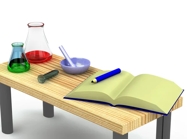 Table de chimiste 3d avec éprouvettes — Photo