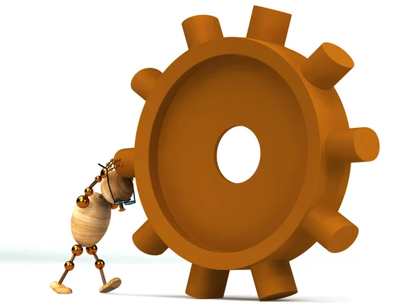 3d wood man spinning a gearwheel — Stock Photo, Image