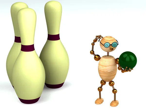 3d wood man is playing bowling — Stock Photo, Image