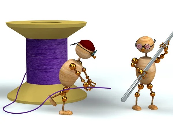 3d man and purple bobbin with needle — Stock Photo, Image