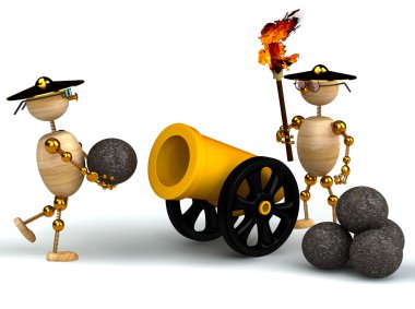 3d wood mans with a gold cannon clipart