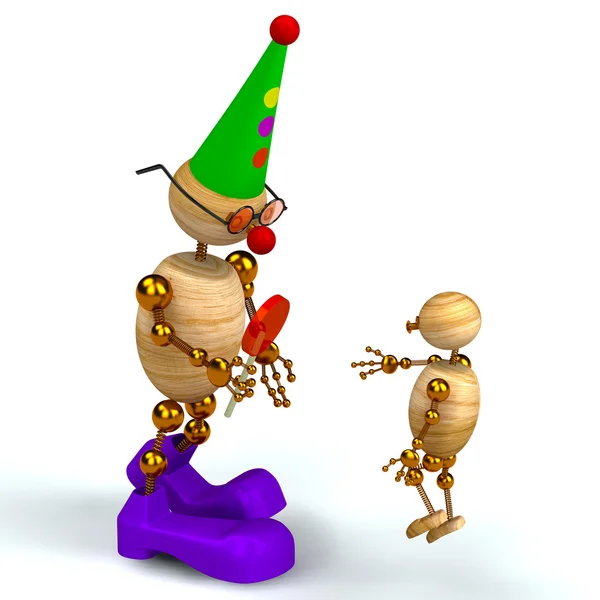 3d wood man clown with kid — Stock Photo, Image