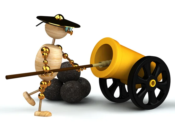 3d wood man clean yellow cannon — Stock Photo, Image