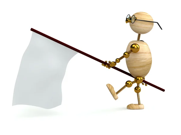 3d wood man is carrying flag — Stock Photo, Image