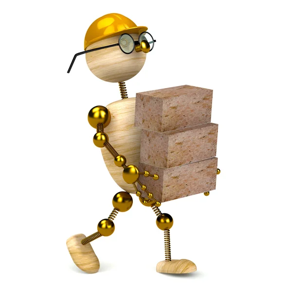 3d wood man carrying bricks — Stock Photo, Image