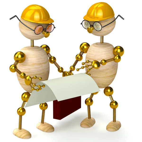 Két 3D-s fa ember mérnökök — Stock Fotó