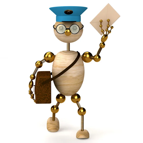 3d wood man postman bring a letter — Stock Photo, Image