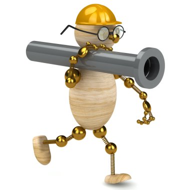 3d wood man carring a pipe clipart