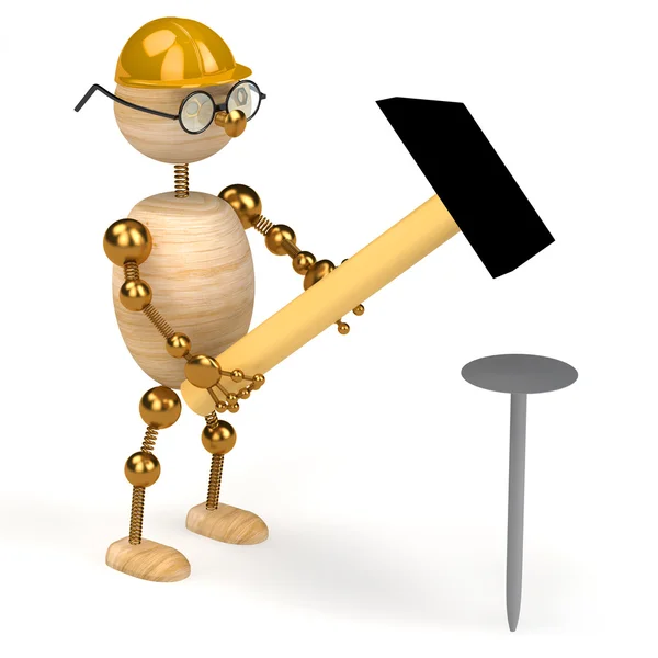 3d wood man with a hammer — Stockfoto