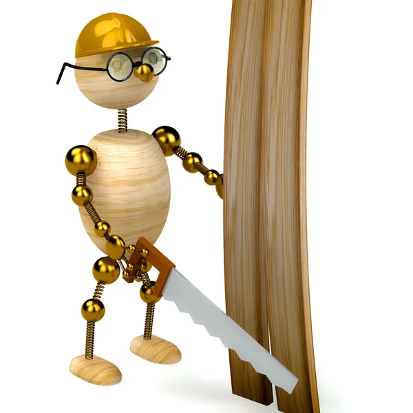 3d wood man with a saw — Stock Photo, Image