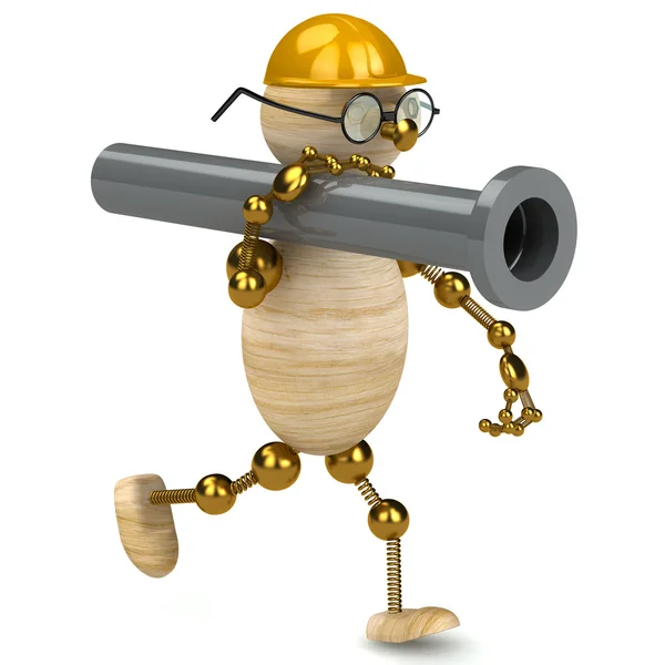 3d wood man carring a pipe — Stock Photo, Image