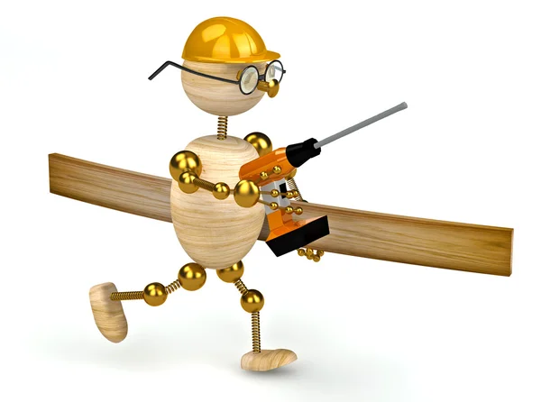 3d wood man with a drill — Stock Photo, Image