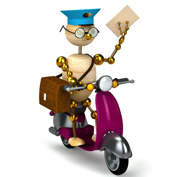 3d wood postman is riding on moped — Stock Photo, Image