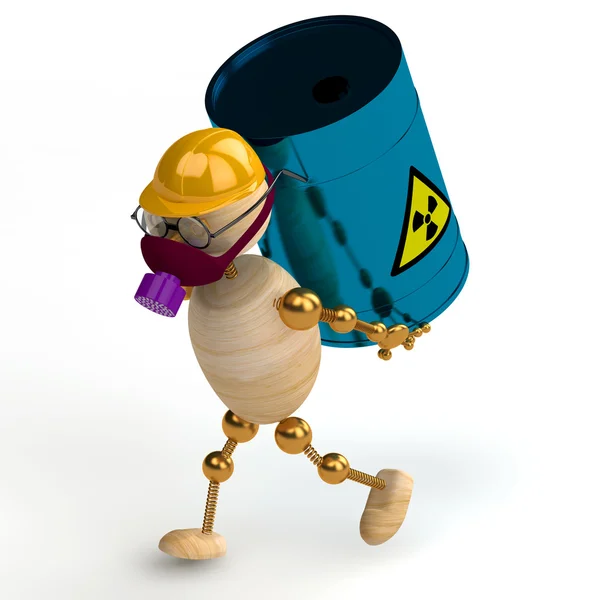 3d wood man with a radioactive waste — Stock Photo, Image