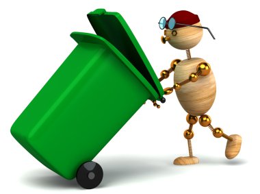 3d wood man pulling green waste container clipart