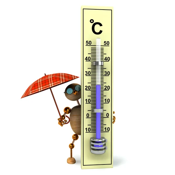 3d hombre de madera está sosteniendo termómetro — Foto de Stock