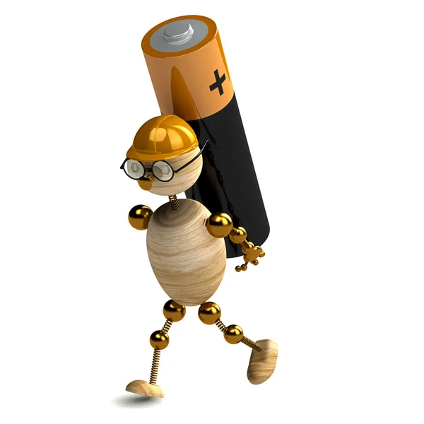 3d wood man is carring battery — Stock Photo, Image