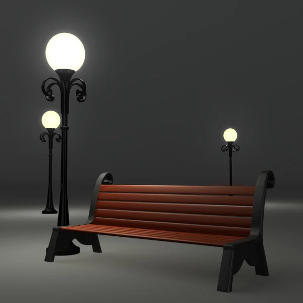 3D скамейка возле фонарного столба — стоковое фото