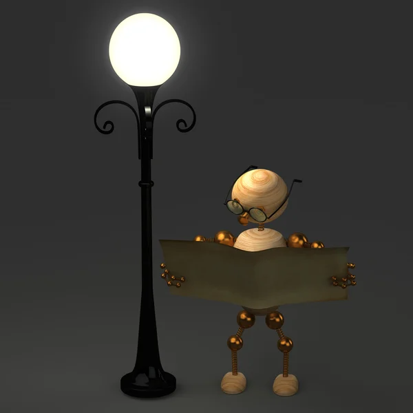 3D dřevěné muž, který stojí poblíž lampy — Stock fotografie
