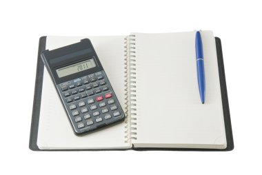 A black diary with calculator and pen clipart