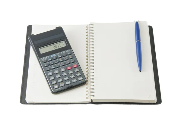 Ein schwarzes Tagebuch mit Taschenrechner und Stift — Stockfoto