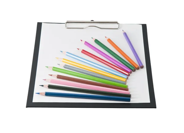 Clip Board Scrivere Con Pastelli Isolati Sfondo Bianco — Foto Stock