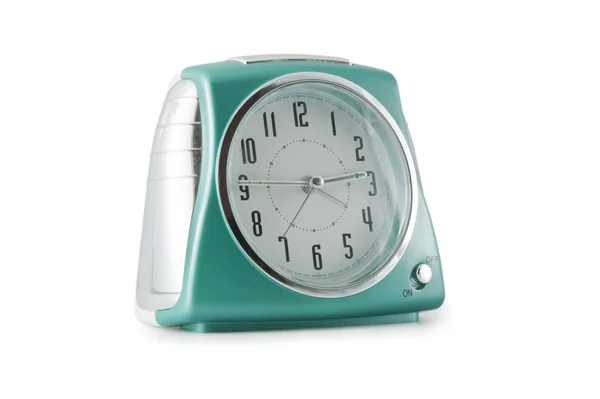 Relógio Alarme Verde Isolado Fundo Branco — Fotografia de Stock