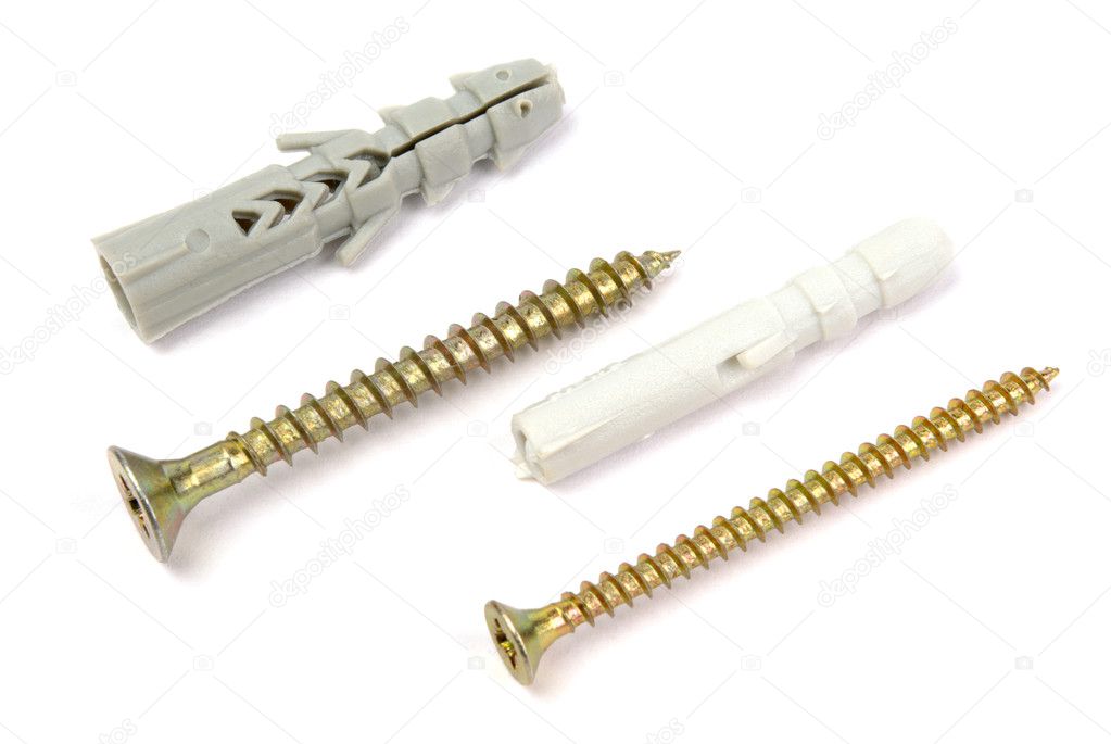 The gold screw and dowel on a white background
