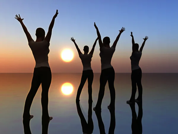 Dört kız Sunrise özgürlük için dans — Stok fotoğraf