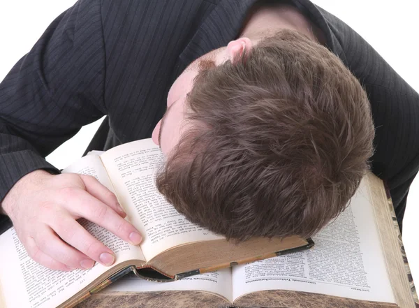 Bestuderen van frustratie tirred student en boek — Stockfoto