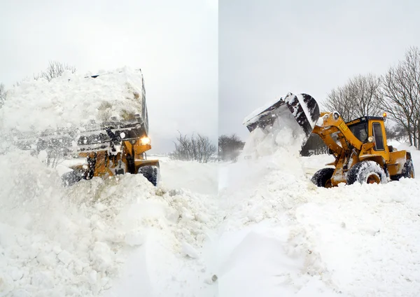 Digger in winter sneeuwstorm — Stockfoto