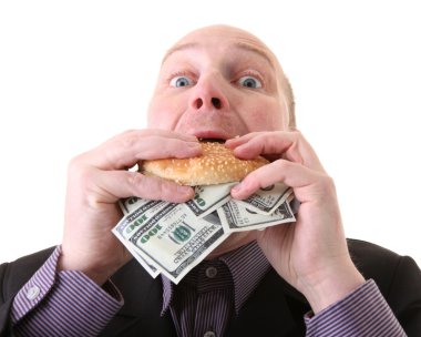 Greed, businessman eating money. man eat dollars in display of avarice isolated on white. clipart