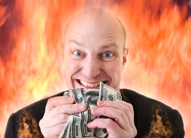 Avarice, businessman with money. man or devil holding dollars in display of greed in hell fire. A Deadly sin clipart