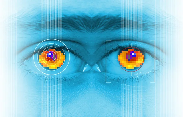 眼睛的虹膜安全扫描 数码防伪标识或密码基于生物特征识别数据 — 图库照片