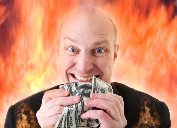 Алчность Бизнесмен Деньгами Человек Дьявол Держащий Руках Доллары Проявлении Жадности — стоковое фото