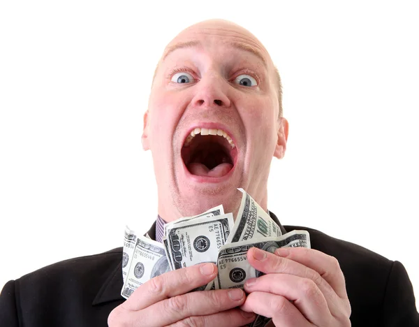 Empresário Sucesso Homem Com Dólares Vencedor Loteria Isolado Branco — Fotografia de Stock