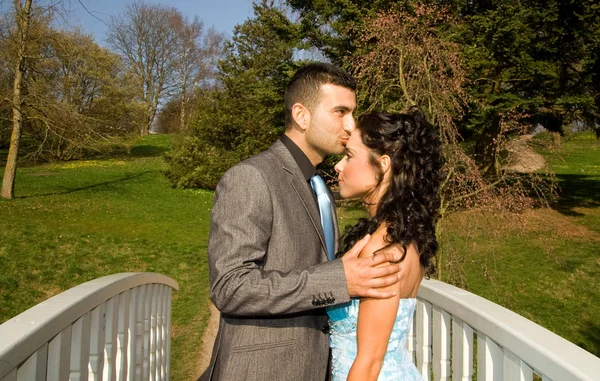 Ethnic Couple Engagement Wedding Young Turkish Together Love Blue Dress — Stock Photo, Image