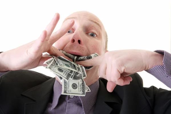 Greed Businessman Eating Money Man Eat Dollars Display Avarice Isolated Stock Photo