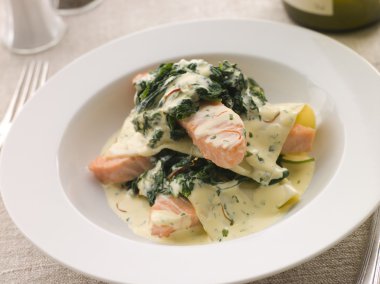 Plate of Open Lasagne of Salmon and Spinach with a Saffron Cream with cutlery clipart