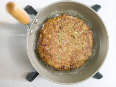 Overhead shot of Savoury Pancake Cooking in a Japanese Frying Pan clipart
