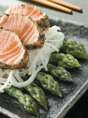 Plate of Seared Salmon Sashimi coated in Black Pepper with a Mouli and Asparagus Salad clipart