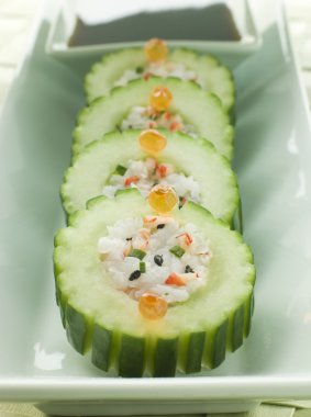Cucumber Sushi Roll with Crayfish and a Soy Dip clipart