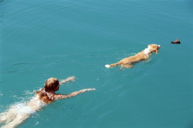Young woman swimming with dog, clipart
