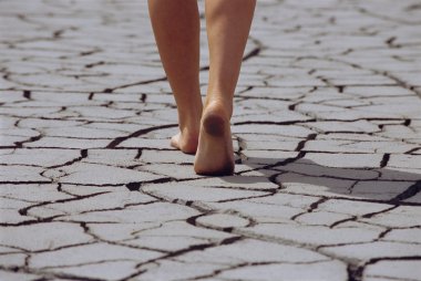 Woman walking barefoot across cracked earth, low section clipart