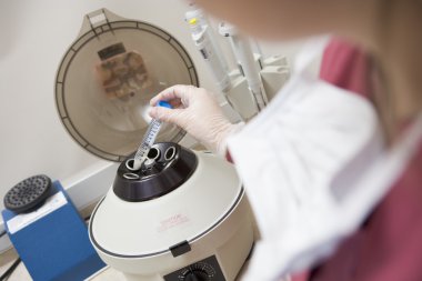 Embryologist putting sample into centrifuge clipart