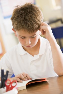 Schoolboy reading a book in class clipart