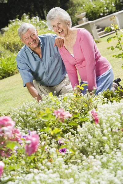 Starší pár, pracující v zahradě — Stock fotografie