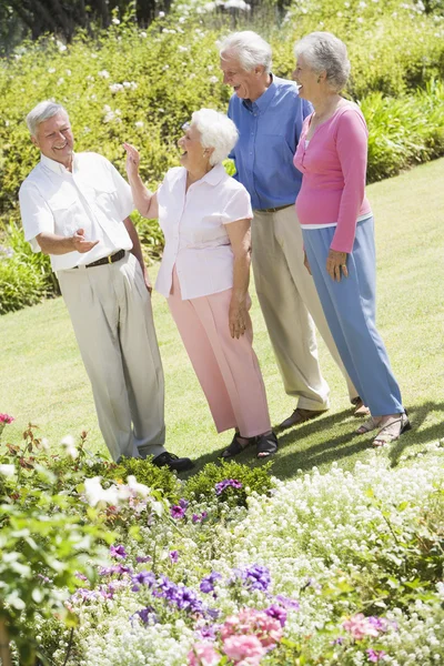 Grupo de amigos mayores en el jardín — Foto de Stock