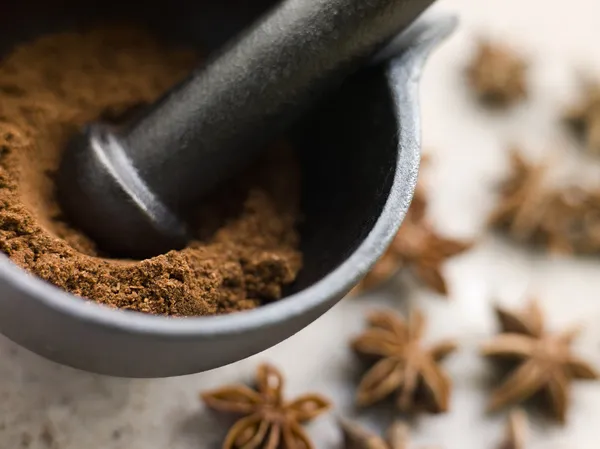 Ground Star Anise in a Pestle and Fabar — стоковое фото